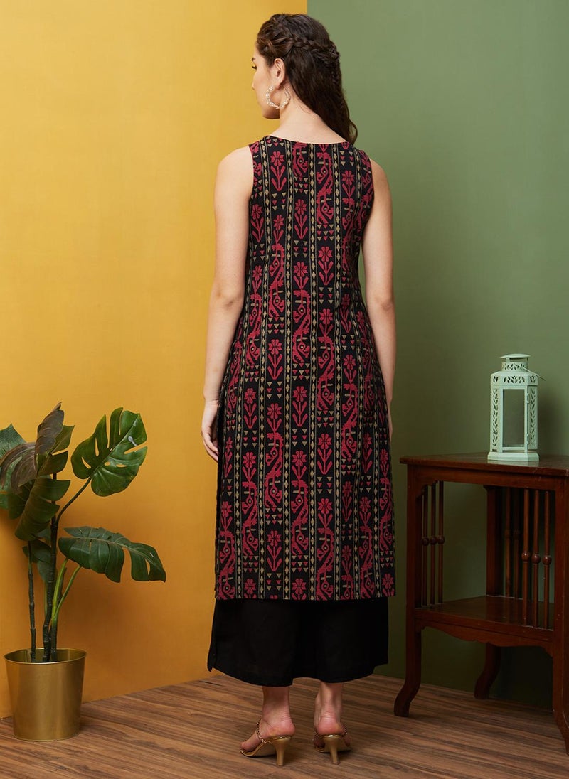 Globus Women Ethnic Motifs Kantha Work Kurta & Trouser Set - Image 4